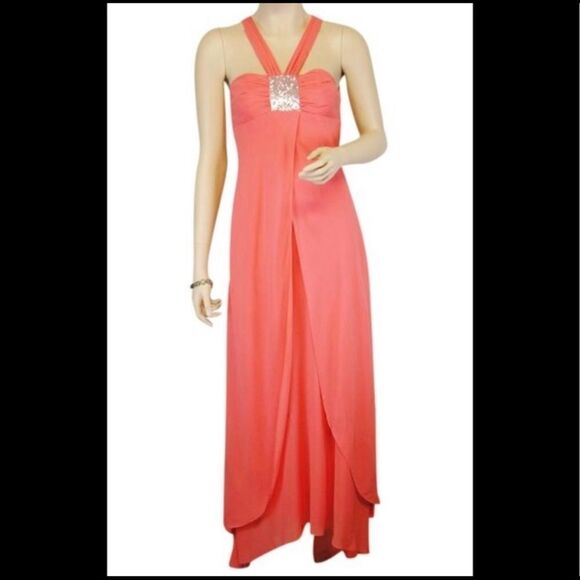 BCBGMaxAzria ORANGE SILK SEQUIN HALTER MAXI DRESS - Picture 2 of 9